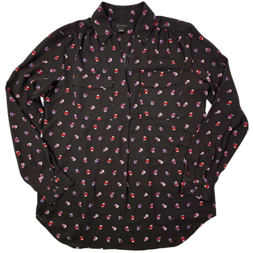 Ann Taylor Popover Blouse Utility Pockets Black Floral Camp Style Small